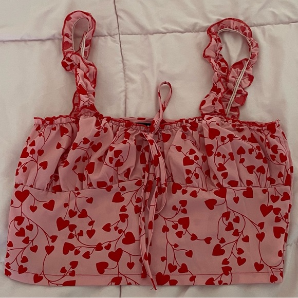 SHEIN pink red heart print all over crop top, size S Barbiecore festival summer - Picture 13 of 14